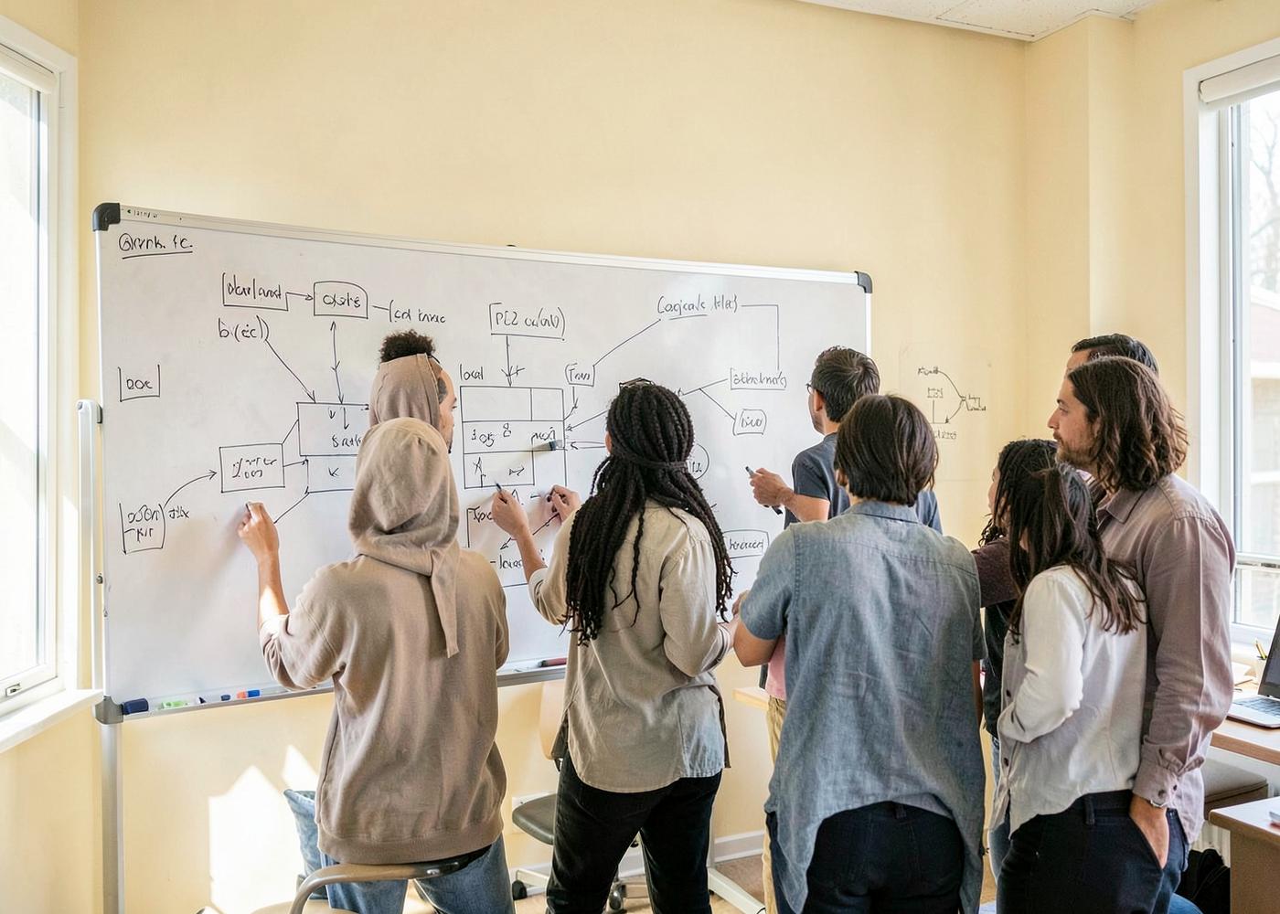 People at a whiteboard sketching a system diagram in a bright meeting room