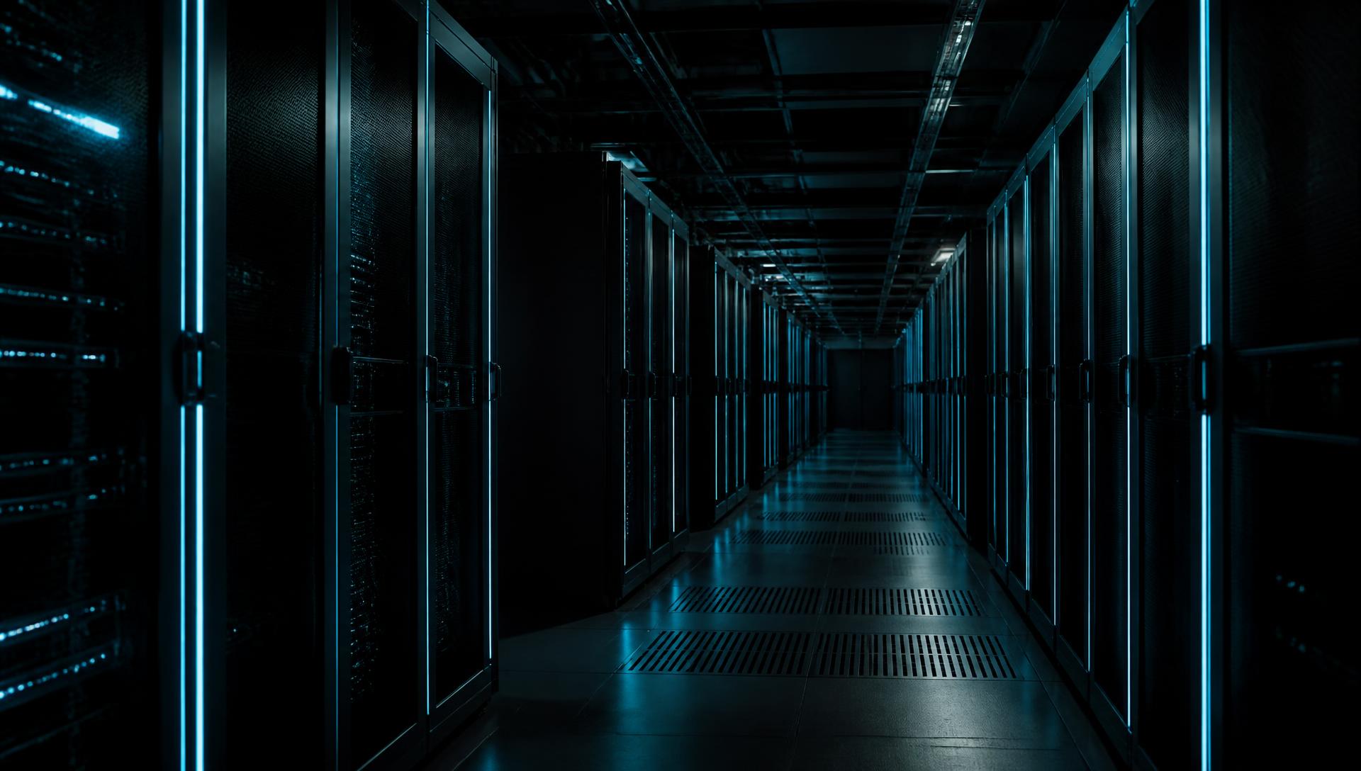 Rows of illuminated server racks in a data centre corridor